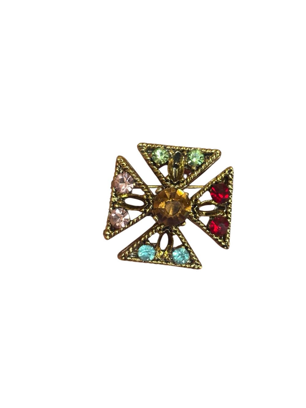 Vintage Rhinestone Maltese Cross Brooch Pendant Gold Tone Multi Color OOAK
